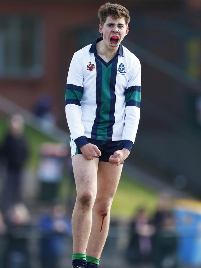 Paddy O'Brien of St Patrick's College celebrates kicking a goal. Picture: Daniel Pockett/AFL Photos/via Getty Images