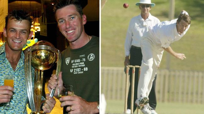 Glenn McGrath (right) and Adam Gilchrist after Australia’s 2003 World Cup victory, and McGrath in action for Sutherland at Caringbah Oval, 2007