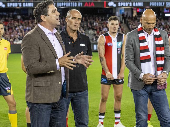 Garry Lyon speaks before St Kilda’s Spud’s Game. Picture: Jake Nowakowski