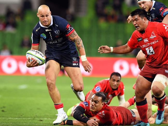 Rebels player Billy Meakes steps through the Sunwolves defence in Melbourne earlier this month. 