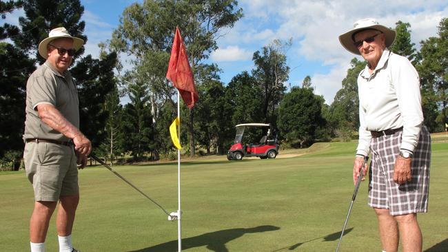 Peter Reilly and Mike Cobb enjoy a return to competition play at the Gympie Golf Course.