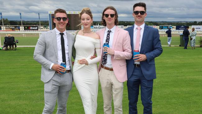 Nick Schiemer, Steph Burt, Alistair Sims and Jordan Curmpler attend the Ballarat Cup. Picture: Brendan Beckett