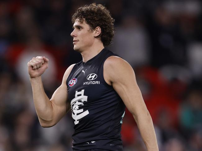 MELBOURNE, AUSTRALIA - JULY 26: Charlie Curnow of the Blues celebrates a goal during the round 20AFL match between Carlton Blues and Port Adelaide Power at Marvel Stadium, on July 26, 2024, in Melbourne, Australia. (Photo by Darrian Traynor/Getty Images)