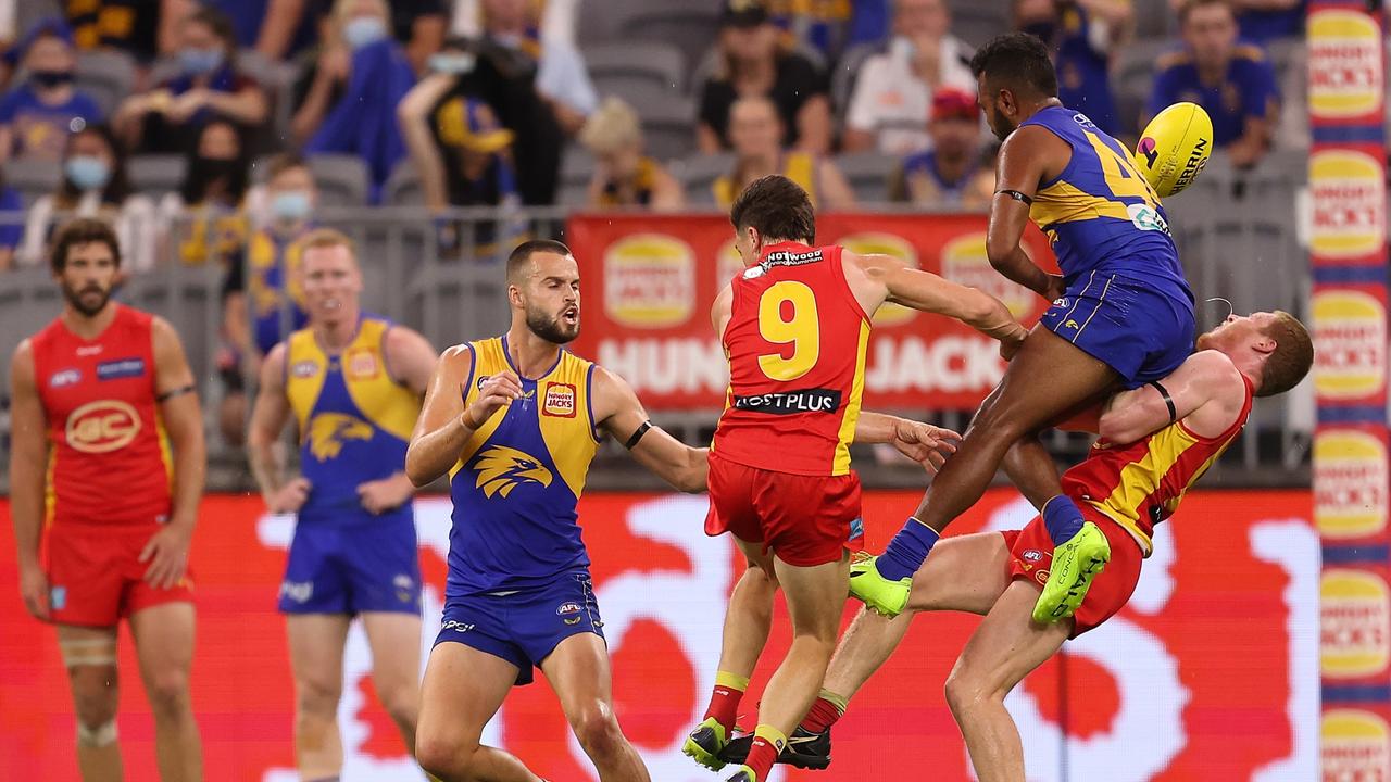 Willie Rioli of the Eagles was cleared after this collision with Matt Rowell . (Photo by Paul Kane/Getty Images)