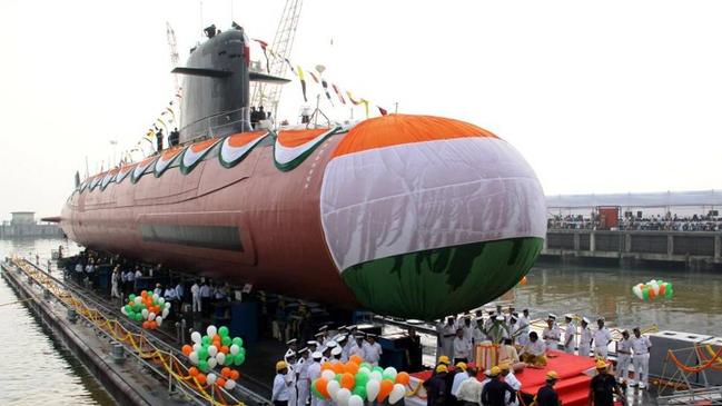 The first of India’s Scorpene class submarine built by DCNS, launched last year. The French builder DCNS will be building Australia’s Shortfin Barracuda submarines in Adelaide.