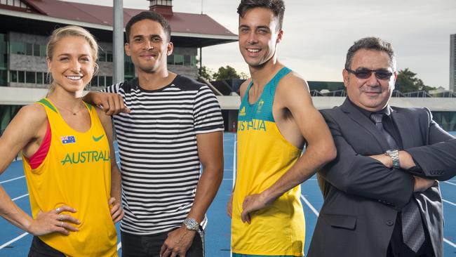 Genevieve LaCaze, Athletics Australia's John Steffensen, Luke Mathews and Shepparton Mayor Danny Adem advocate for sport in regional cities. Picture: Eugene Hyland