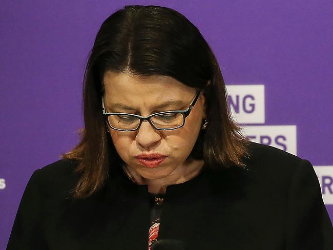 Victorian Health Minster Jenny Mikakos is visibly upset while expressing her support to relatives of residents inside St Basil’s. Picture: Ian Currie/NCA NewsWire