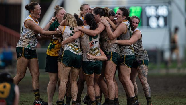 PINT celebrate their win in the 2023-24 NTFL Women's Grand Final between against St Mary's. Picture: Pema Tamang Pakhrin