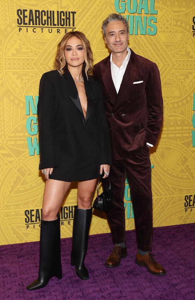 Waititi with wife Rita Ora at the LA premiere of his new comedy Next Goal Wins on November 14. Picture: Amy Sussman/Getty Images