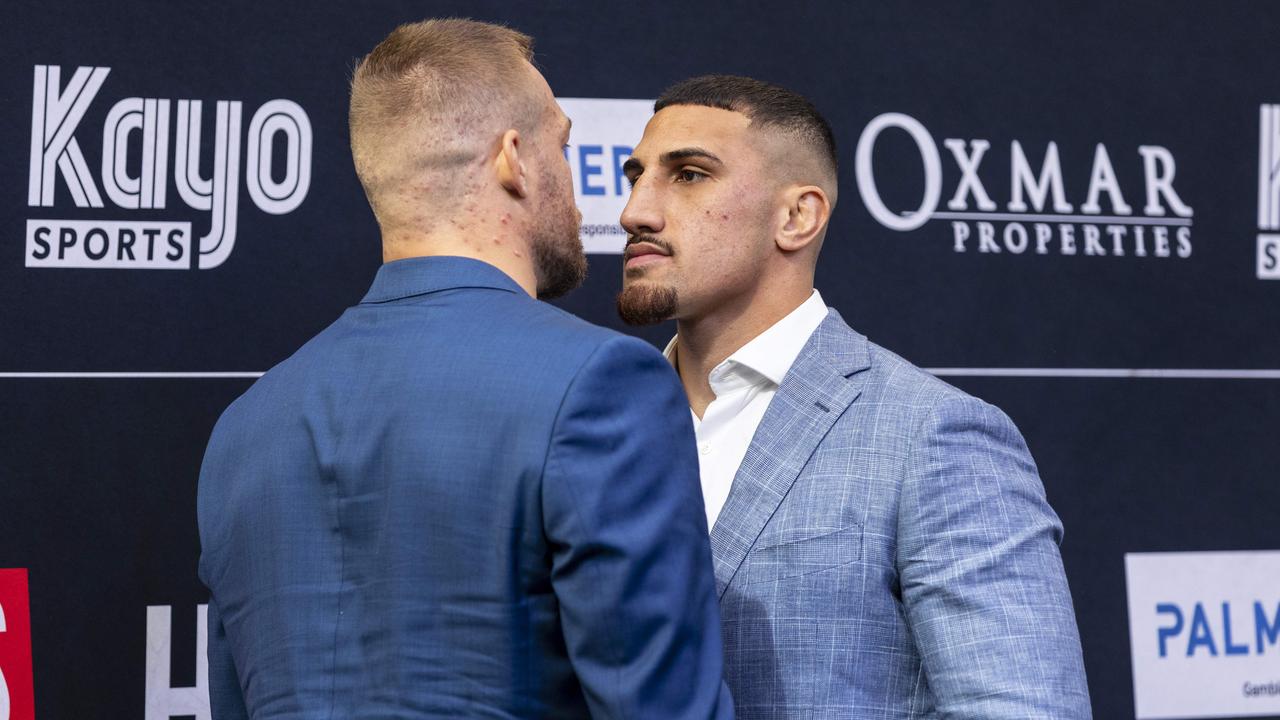 Justis Huni (right) facing off with Joseph Goodall, in the lead up to their heavyweight boxing bout. Picture: Matthew Poon