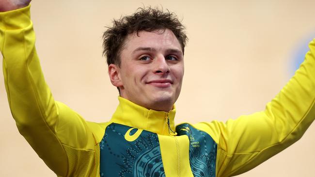 PARIS, FRANCE - AUGUST 11: Silver medalist Matthew Richardson poses on the podium after the Men's Keirin, Final on day sixteen of the Olympic Games Paris 2024 at Saint-Quentin-en-Yvelines Velodrome on August 11, 2024 in Paris, France. (Photo by Jared C. Tilton/Getty Images)