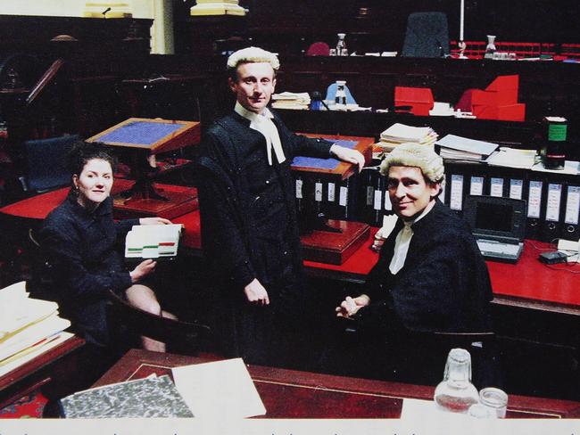 Crown Prosecutor Mark Tedeschi and Dan Howard with instructing solicitor Sarah Huggett in the old Banco Court in St James Road during Milat’s murder trial.