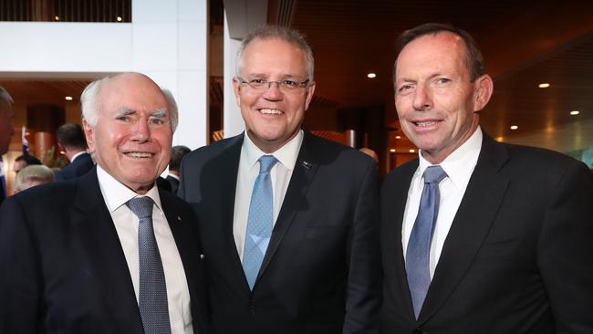 Former prime ministers John Howard, Scott Morrison and Tony Abbott. Picture: Kym Smith