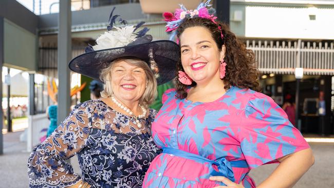 Estelle Cornell and Tiffany Boomkamp at the 2023 Darwin Cup Carnival Ladies Day. Picture: Pema Tamang Pakhrin