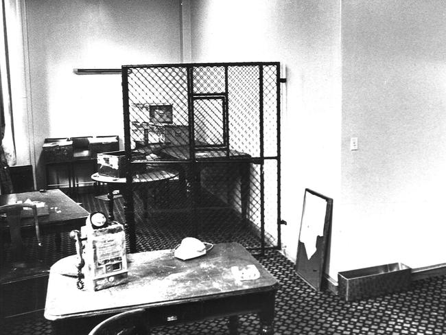 The gang cut through the wire mess clearing cage to get the cash inside the Victoria Club bookies’ settling room during the Great Bookie Robbery on April 21, 1976, as this crime scene photo shows. Picture: HWT Library