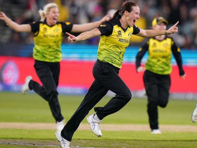 Schutt in action for Australia, celebrating a wicket. Picture: AAP