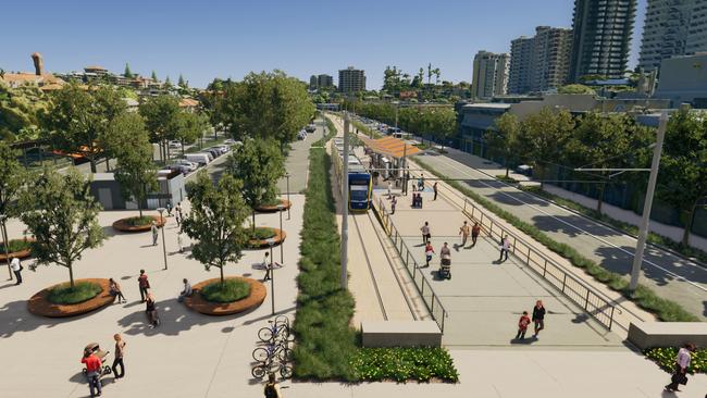 Artist impression of Gold Coast Light Rail Stage 4 between Tugun and Coolangatta, including Gold Coast Airport and the NSW border. Picture: Department of Transport and Main Roads.