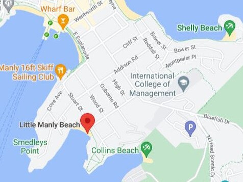 The location of Little Manly Beach where Northern Beaches Council contractors, building a new seawall, uncovered human bones on July 25. Picture: Google Maps