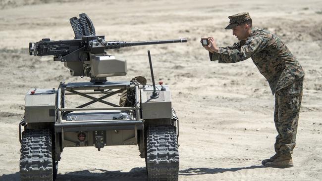 A weaponised multi-utility tactical transport vehicle on display at Camp Pendleton, California.