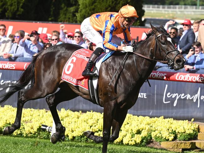 MELBOURNE, AUSTRALIA - OCTOBER 28: Opie Bosson riding Imperatriz winning Race 8, the Ladbrokes Manikato Stakes, during Melbourne Racing at Moonee Valley Racecourse on October 28, 2023 in Melbourne, Australia. (Photo by Vince Caligiuri/Getty Images)