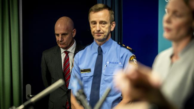 Premier Peter Gutwein (left) and Police Commissioner Darren Hine at a government update on COVID-19. Picture: LUKE BOWDEN