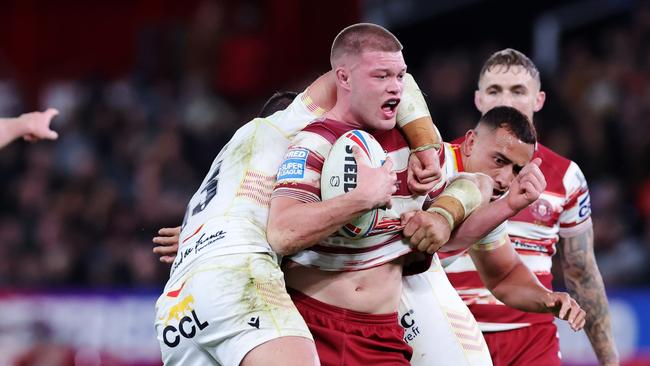 Morgan Smithies in Wigan’s grand final win over Catalans in October. (Photo by Alex Livesey/Getty Images)