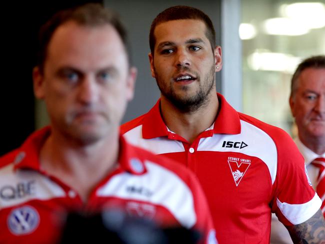 Lance Franklin arrives for his first press conference with John Longmire and Andrew Ireland at Swans office in Moore Park. Picture Gregg Porteous