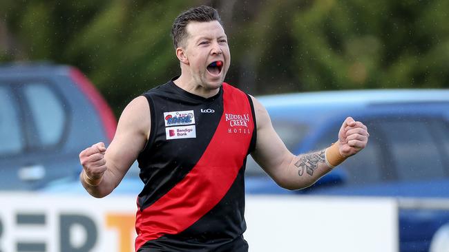 RDFL footy: Riddell v Melton Centrals at Riddell Creek Recreation Reserve. 4th June 2022. Timothy Walsh of Riddell celebrates his goal.Picture : George Sal