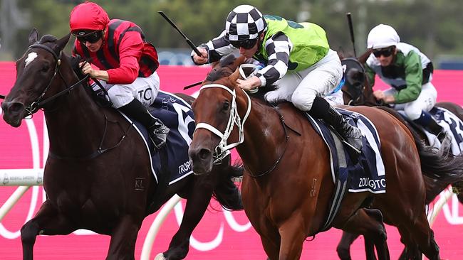 Zougotcha and James McDonald (right) claim the Group 1 Coolmore Classic at Rosehill. Picture: Getty Images