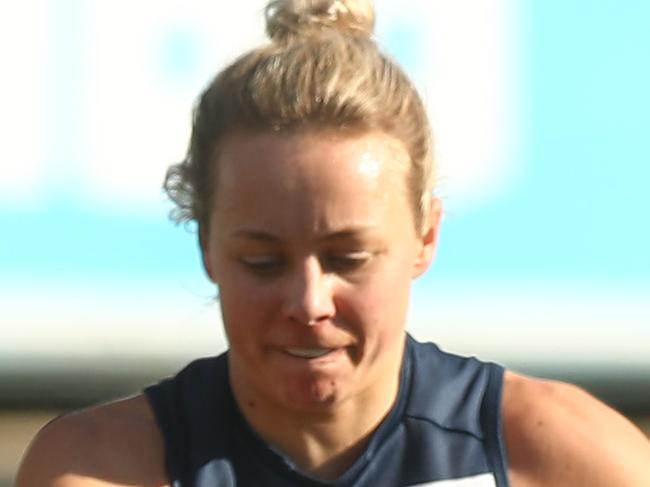 GEELONG, AUSTRALIA - JULY 10: Renee Garing of Geelong kicks the ball during the VFLW Semi-Final match between the Geelong Cats and the Southern Saints at GMHBA Stadium on July 10, 2021 in Geelong, Australia. (Photo by Mike Owen/AFL Photos via Getty Images)