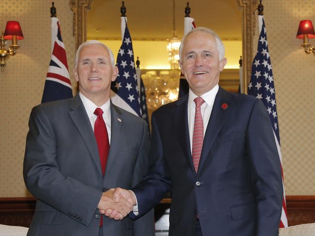 G’Day! Malcolm Turnbull greets US VP Mike Pence at Admiralty House.