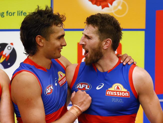 MELBOURNE. 31/03/2022.   Western Bulldogs vs Sydney Swans at Marvel Stadium. Jamarra Ugle-Hagan and  Marcus Bontempelli after tonightÃs win   . Photo by Michael Klein