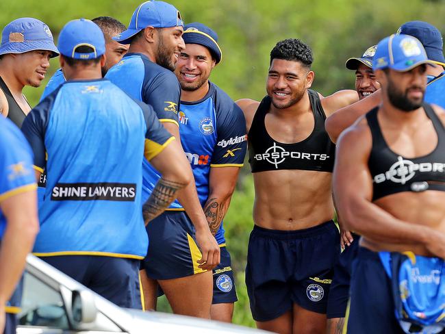 Parramatta Eels players share a laugh during a training camp on the Central Coast. Picture: Troy Snook