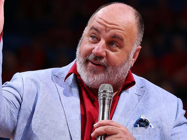 PERTH, AUSTRALIA - JANUARY 20: Craig Hutchison talks during a ceremony to retire the playing number of Shawn Redhage following the round 16 NBL match between Perth Wildcats and Sydney Kings at RAC Arena, on January 20, 2023, in Perth, Australia. (Photo by Paul Kane/Getty Images)