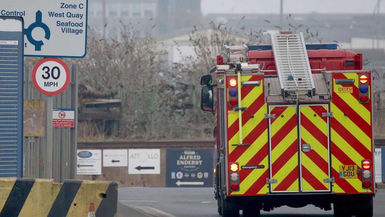 A fire engine enters Grimsby port on March 10, 2025 in Grimsby, England. (Photo by Ryan Jenkinson/Getty Images)