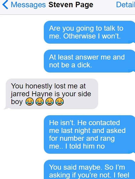 The woman texted another man the same day she met with Hayne. Picture: Text mockup from messages tendered in court documents