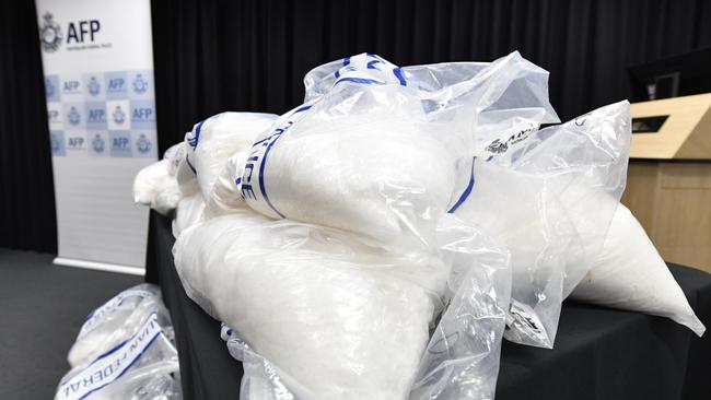 Samples of the largest South Australian seizure of crystal methamphetamine, totalling 313kg, on display. Picture: AAP Image/Roy Vandervegt