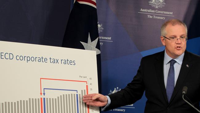 Treasurer Scott Morrison, at the commonwealth offices in Sydney yesterday, makes the case for company tax cuts. Picture: AAP