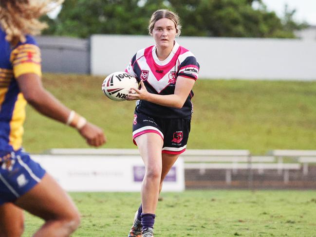 Teesha Potts controls the play of the ball in the Far North Queensland Rugby League (FNQRL) women's grand final match against the Cairns Kangaroos at Barlow Park. Picture: Brendan Radke