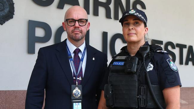 Queensland Police Union president Shane Prior with Far North region executive union member Senior Sergeant Rebecca Bradley outside Cairns police headquarters on Sheridan St. Picture: Peter Carruthers