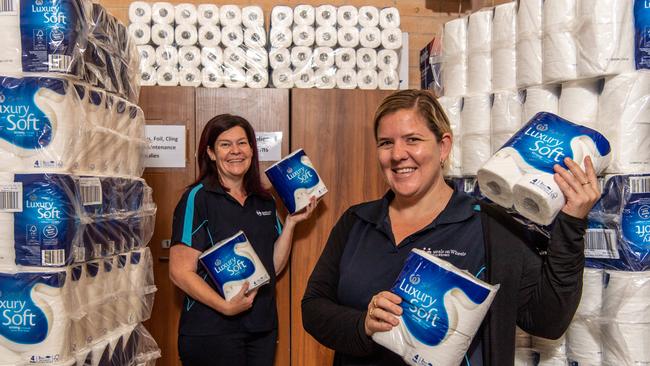 Blacktown Meals on Wheels’ Rebecca Waterhouse (left) and Amber Bulbert are helping some of the region’s most vulnerable residents access toilet paper during the coronavirus crisis. Picture: Monique Harmer