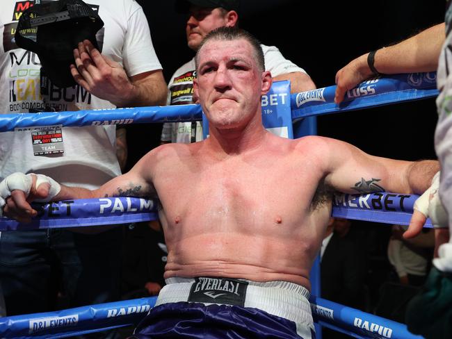 Pictured is boxer Paul Gallen after being floored by his opponent Justis Huni in their bout for the Australian Heavyweight Title held at the ICC in Sydney.Picture: Richard Dobson