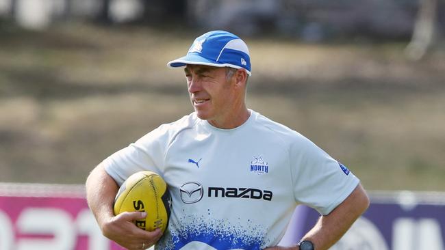 North Melbourne coach Alastair Clarkson and his staff have been preparing for the season ahead without Thomas. Picture: David Crosling