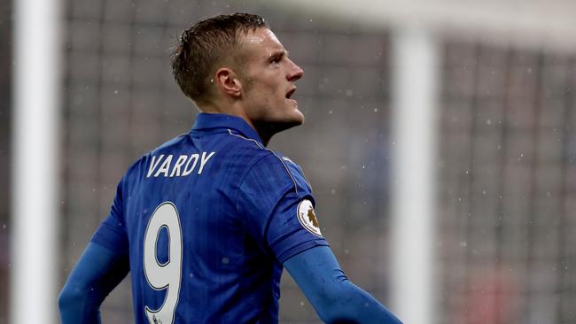 Jamie Vardy celebrates scoring.