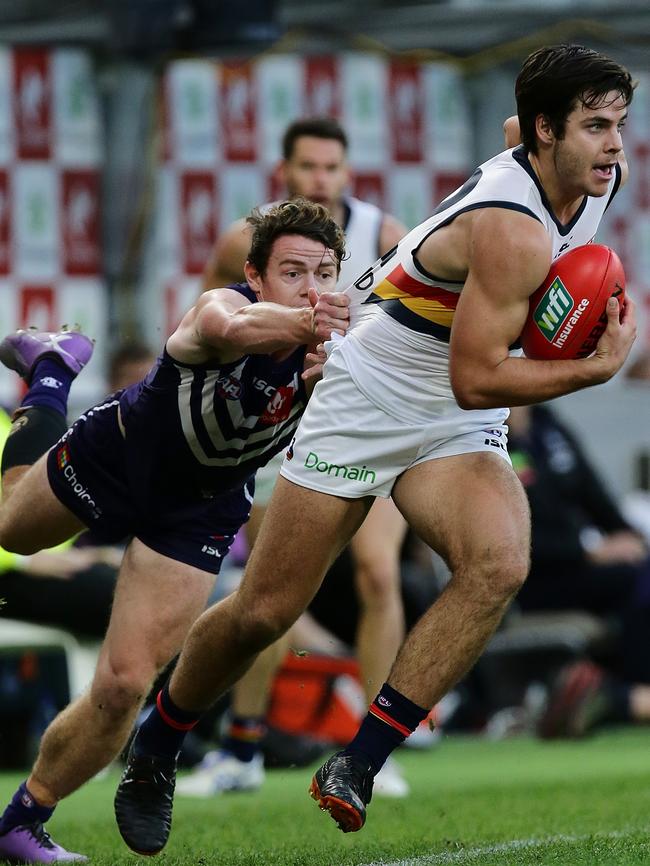 Darcy Fogarty in action against Fremantle. Picture: Will Russell/AFL Media/Getty Images)