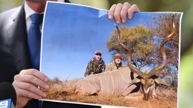 NSW Treasurer Dominic Perrottet holds images of Shooters Party MP Robert Borsak while speaking to the media. Picture: AAP 