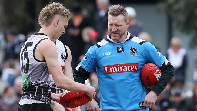 Jaidyn Stephenson shows Nathan Buckley how he does it. Pic: Michael Klein