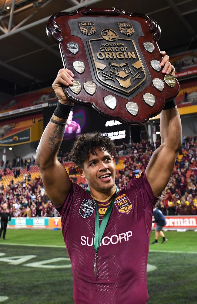 Dane Gagai of the Queensland Maroons celebrates following State of Origin Game 3 in 2017. Photo: (AAP Image/Dave Hunt)