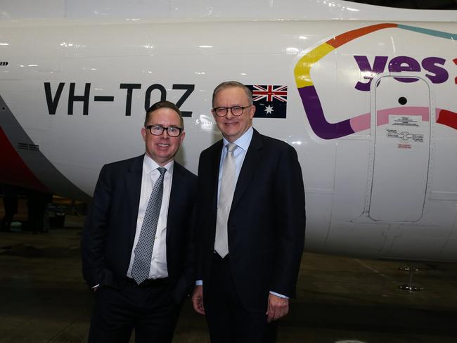 Prime Minister Anthony Albanese and Qantas CEO Alan Joyce attend the launch of the Qantas 'Yes' Campaign last year. Picture: NCA Newswire/Gaye Gerard