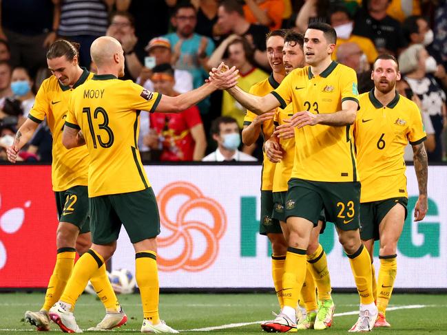 MELBOURNE, AUSTRALIA - JANUARY 27: Tom Rogic of Australia celebrates a goal during the FIFA World Cup Qatar 2022 AFC Asian Qualifier match between Australia Socceroos and Vietnam at AAMI Park on January 27, 2022 in Melbourne, Australia. (Photo by Jonathan DiMaggio/Getty Images)